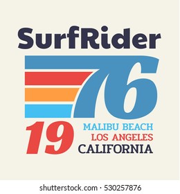 Vector illustration on the theme of surfing and surf rider  in California, Malibu beach. Vintage design.  Number sport typography, t-shirt graphics, print, poster, banner, flyer, postcard