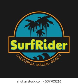 Vector illustration on the theme of surfing and surf rider in California, Malibu beach. Stamp typography, t-shirt graphics, poster, banner, flyer, print; postcard
