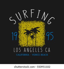 Vector illustration on the theme of surfing and surf in California, Los Angeles City, Venice beach. Typography, t-shirt graphics, slogan, print, poster, banner, flyer, postcard