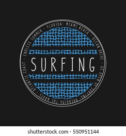 Vector illustration on the theme of surfing and surf in Florida, Miami Beach. Stamp typography, t-shirt graphics, poster, banner, flyer, print, postcard
