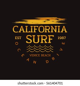 Vector illustration on the theme of surfing and surf in California, Venice beach. Vintage design.  Stamp typography, t-shirt graphics, slogan, print, poster, banner, flyer, postcard