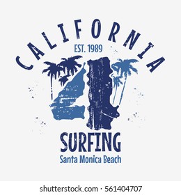 Vector illustration on the theme of surfing and surf in California, Santa Monica beach.  Grunge background. Number sport typography, t-shirt graphics, slogan, print, poster, banner, flyer, postcard