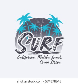 Vector illustration on the theme of surfing and surf in California, Malibu beach. Grunge background.  Typography, t-shirt graphics, print, poster, banner, flyer, postcard
