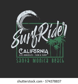 Vector illustration on the theme of surfing and surf rider in California, Santa Monica beach.  Grunge background. Typography, t-shirt graphics, poster, print, banner, flyer, postcard