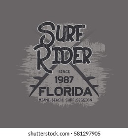 Vector illustration on the theme of surfing and surf rider in Florida, Miami Beach. Vintage design.  Grunge background. Typography, t-shirt graphics, print, poster, banner, flyer, postcard
