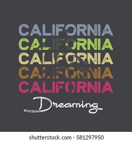 Vector illustration on the theme of surfing and surf. Slogan: California dreaming. Typography, t-shirt graphics, poster, print, banner, flyer, postcard