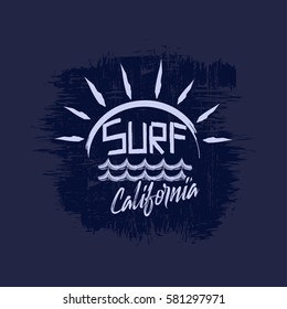 Vector illustration on the theme of surfing and surf in California.  Typography, t-shirt graphics, print, poster, banner, flyer, postcard