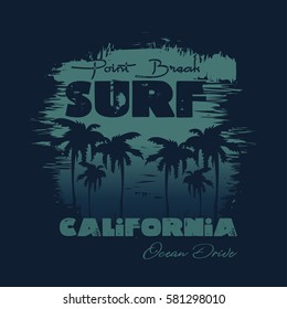 Vector illustration on the theme of surfing and surf in California. Slogan: point break.  Typography, t-shirt graphics, print, poster, banner, flyer, postcard