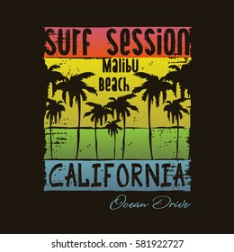 Vector illustration on the theme of surfing and surf in California, Malibu beach. Vintage design.  Grunge background. Typography, t-shirt graphics, poster, print, banner, flyer, postcard