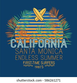 Vector illustration on the theme of surfing and surf. Slogan: California ,Typography, t-shirt graphics, poster, banner, print.