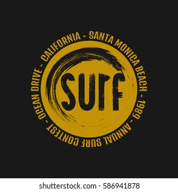 Vector illustration on the theme of surfing and surf in California, Santa Monica  beach. Stamp typography, t-shirt graphics, print, poster, banner, flyer, postcard