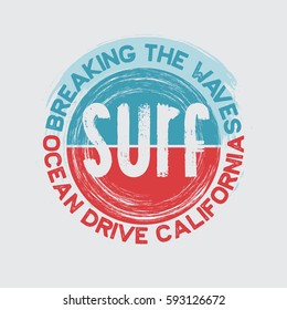 Vector illustration on the theme of surfing and surf in California.  Grunge background. Typography, t-shirt graphics, print, poster, banner, flyer, postcard