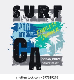 Vector illustration on the theme of surfing and surf in California, Venice beach.  Grunge background. Typography, t-shirt graphics, print, poster, banner, flyer, postcard