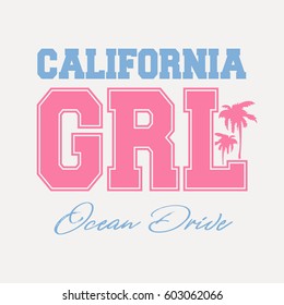 Vector illustration on the theme of surfing, surf and girl in California. Slogan: ocean drive.  Sport typography, t-shirt graphics, poster, banner, flyer, print, postcard