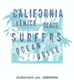 Vector illustration on the theme of surfing and surf in California, Venice beach. Grunge background.  Typography, t-shirt graphics, print, poster, banner, flyer, postcard