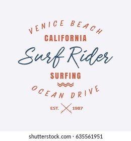 Vector illustration on the theme of surfing and surf rider in California, Venice beach.  Stamp typography, t-shirt graphics, print, poster, banner, flyer, postcard