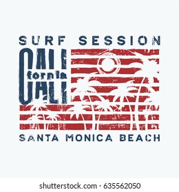 Vector illustration on the theme of surfing and surf in California, Santa Monica beach. Stylized American Flag. Vintage design.   Typography, t-shirt graphics, poster, print, banner, flyer, postcard