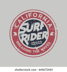 Vector illustration on the theme of surfing and surf rider in California. Vintage design. Grunge background.   Stamp typography, t-shirt graphics, print, poster, banner, flyer, postcard