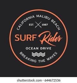 Vector illustration on the theme of surfing and surf rider in California, Malibu beach.  Stamp typography, t-shirt graphics, print, poster, banner, flyer, postcard