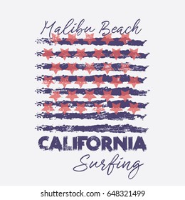 Vector illustration on the theme of surfing and surf in California, Malibu beach. Grunge background.  Stylized American Flag.  Typography, t-shirt graphics, poster, print, banner, flyer, postcard