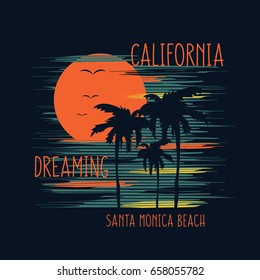 Vector illustration on the theme of surfing and surf in Santa Monica beach. Slogan: California dreaming.  Typography, t-shirt graphics, poster, banner, flyer, print, postcard