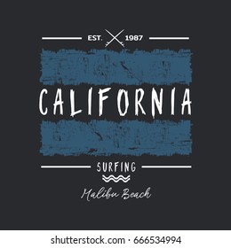 Vector illustration on the theme of surfing and surf in California, Malibu beach.  Grunge background. Typography, t-shirt graphics, print, poster, banner, flyer, postcard