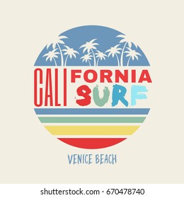 Vector illustration on the theme of surfing and surf in California, Venice beach. Typography, t-shirt graphics, poster, print, banner, flyer, postcard
