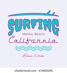 Vector illustration on the theme of surfing and surf in California, Malibu beach. Typography, t-shirt graphics, poster, print, banner, flyer, postcard