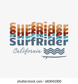 Vector illustration on the theme of surfing and surf rider in California. Typography, t-shirt graphics, print, poster, banner, flyer, postcard