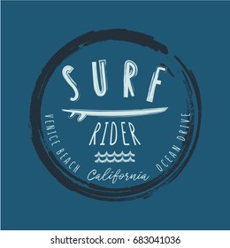 Vector illustration on the theme of surfing and surf rider in California, Venice beach.  Stamp typography, t-shirt graphics, print, poster, banner, flyer, postcard