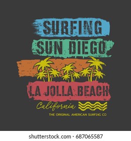 Vector illustration on the theme of surfing and surf in California, Sun Diego. Vintage design.  Grunge background.  Typography, t-shirt graphics, print, poster, banner, flyer, postcard