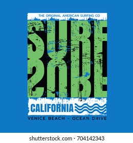 Vector illustration on the theme of surfing and surf in California, Venice beach. Vintage design.  Grunge background.  Typography, t-shirt graphics, print, poster, banner, flyer, postcard