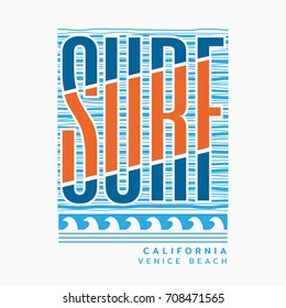 Vector illustration on the theme of surfing and surf in California, Venice beach. Typography, t-shirt graphics, poster, print, banner, flyer, postcard
