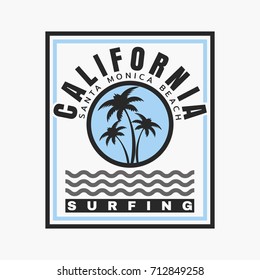 Vector illustration on the theme of surfing and surf in California, Santa Monica beach. Typography, t-shirt graphics, print, poster, banner, flyer, postcard
