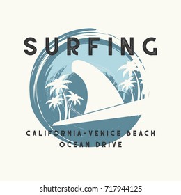 Vector illustration on the theme of surfing and surf in California, Venice beach. Typography, t-shirt graphics, print, poster, banner, flyer, postcard