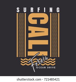 Vector illustration on the theme of surfing and surf in California. Typography, t-shirt graphics, poster, print, banner, flyer, postcard