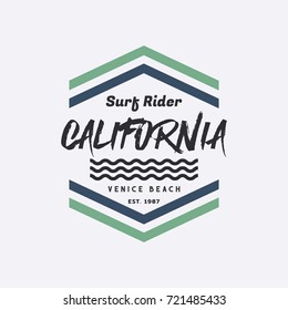 Vector illustration on the theme of surfing and surf rider in California, Venice beach. Typography, t-shirt graphics, poster, print, banner, flyer, postcard