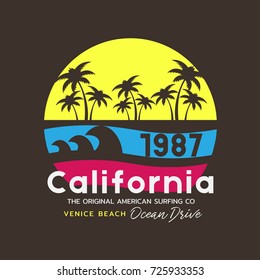 Vector illustration on the theme of surfing and surf in California, Venice beach. Vintage design.  Typography, t-shirt graphics, print, poster, banner, flyer, postcard