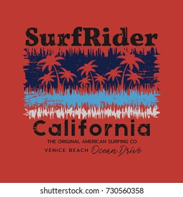Vector illustration on the theme of surfing and surf rider in California, Venice beach. Vintage design.  Grunge background. Typography, t-shirt graphics, print, poster, banner, flyer, postcard
