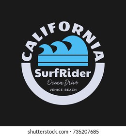 Vector illustration on the theme of surfing and surf rider in California, Venice beach. Stamp typography, t-shirt graphics, print, poster, banner, flyer, postcard