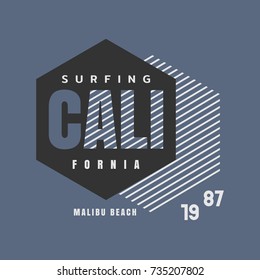 Vector illustration on the theme of surfing and surf in California, Malibu beach. Typography, t-shirt graphics, print, poster, banner, flyer, postcard