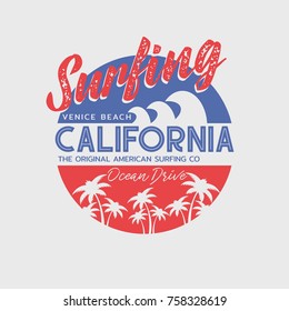 Vector illustration on the theme of surfing and surf in California, Venice beach.  Stamp typography, t-shirt graphics, print, poster, banner, flyer, postcard