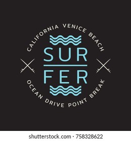 Vector illustration on the theme of surfing and surf in California, Venice beach.  Stamp typography, t-shirt graphics, print, poster, banner, flyer, postcard