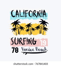 Ilustração vetorial sobre o tema do surf e surf na Califórnia, Venice Beach. Design vintage. Fundo grunge. Tipografia esportiva número, t-shirt gráficos, cartaz, impressão, banner, folheto, cartão postal