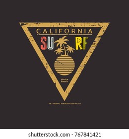 Vector illustration on the theme of surfing and surf rider in California, Venice beach. Vintage design. Grunge background. Typography, t-shirt graphics, print, poster, banner, flyer, postcard