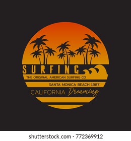 Vector illustration on the theme of surfing and surf in California, Santa Monica beach.  Stamp typography, t-shirt graphics, print, poster, banner, flyer, postcard