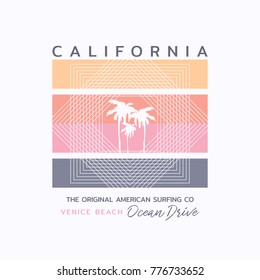 Vector illustration on the theme of surfing and surf in California, Venice beach. Typography, t-shirt graphics, print, poster, banner, flyer, postcard