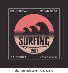 Vector illustration on the theme of surfing and surf in California, Venice beach.  Stamp typography, t-shirt graphics, print, poster, banner, flyer, postcard