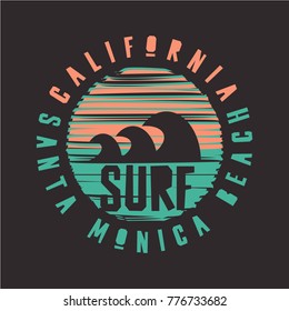 Vector illustration on the theme of surfing and surf in California, Santa Monica Beach. Stamp typography, t-shirt graphics, print, poster, banner, flyer, postcard