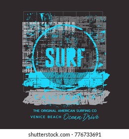 Vector Illustration On The Theme Of Surfing And Surf In California, Venice Beach. Grunge Background. Typography, T-shirt Graphics, Print, Poster, Banner, Flyer, Postcard